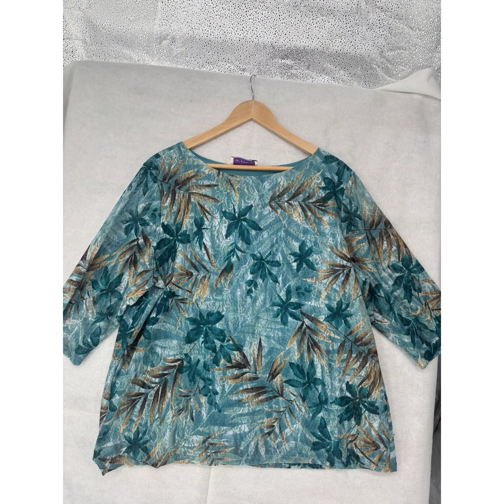 Susan Graver Women XL Leaf Print Mesh Top 3/4 Sleeve Lined Teal Tropical